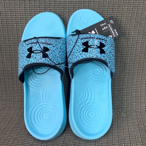 Under Armour Womens Size 8 Blue/Black UA Ignite Select Print Slide Sandals - Picture 1 of 6
